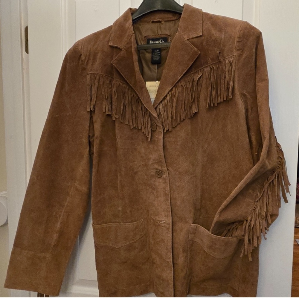 Denim & Co XL Tan Suede Fringe Jacket